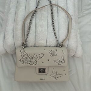 Aldo Cream Quilted Shoulder Bag with Butterfly Embellishments